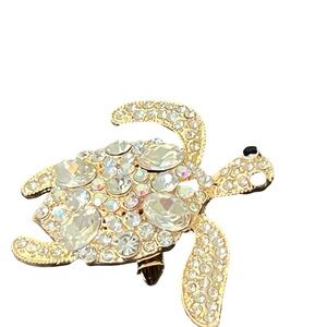Crystal Turtle Brooch Pin - Gold Tone Clear Crystal Accent